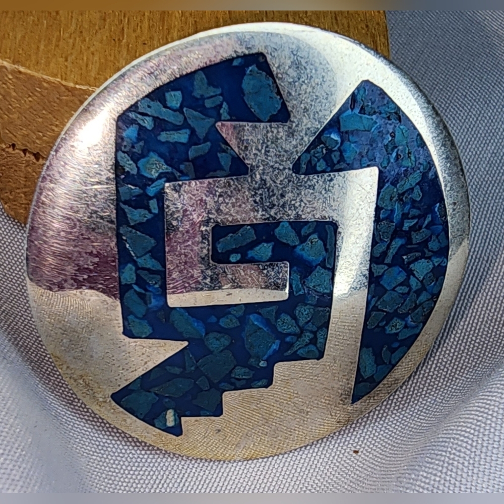 Taxco Vintage Sterling Silver Crushed Turquoise Round Pin/Pendant